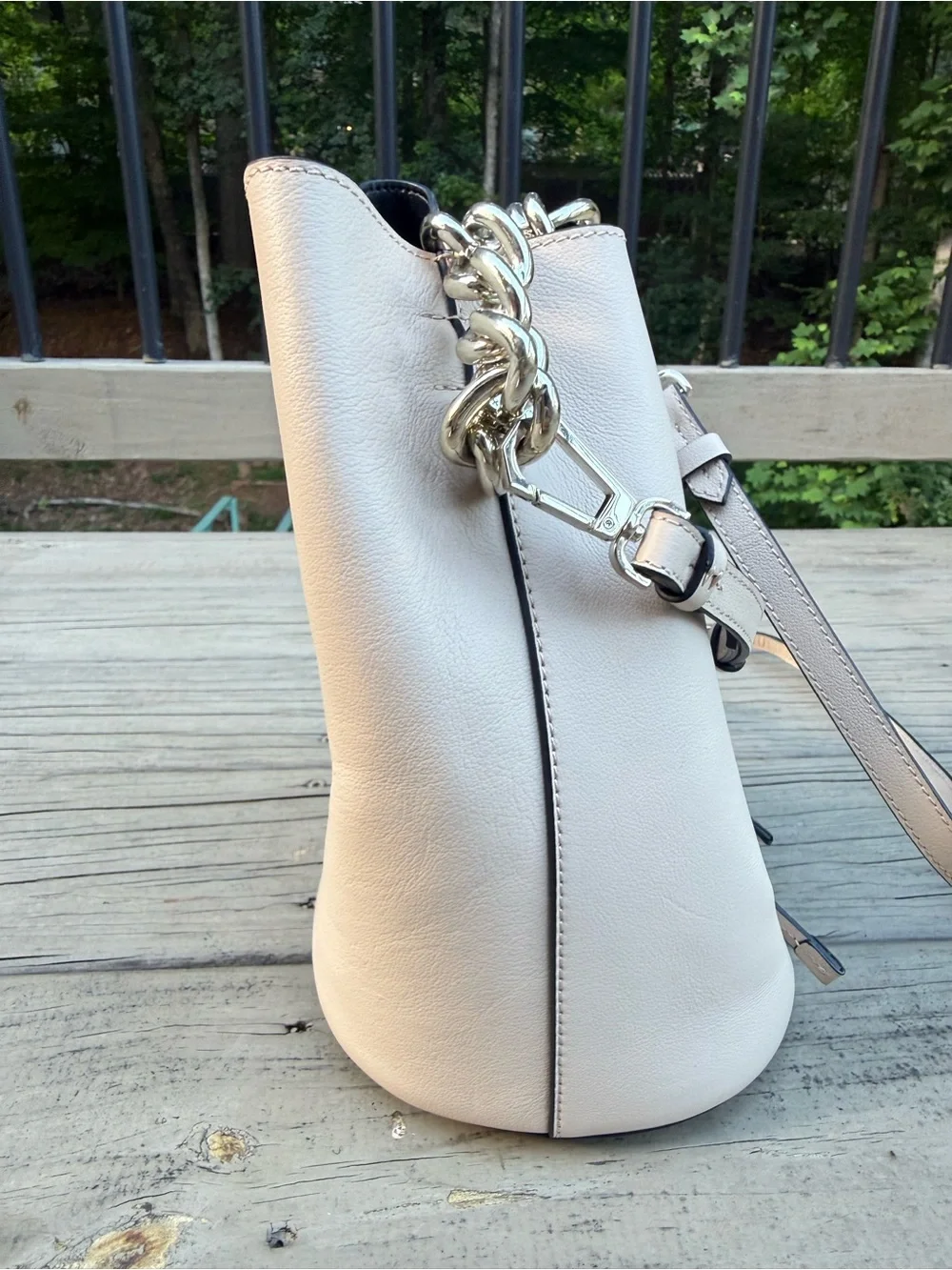 Kendall & Kylie Light Tan Leather Bucket Bag with Chain Strap